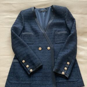 Worth New York Navy Textured Metallic Blazer with Pearl Buttons